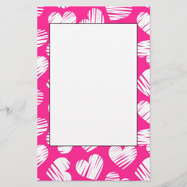 Modern Rosa och White Doodled Heart Valentines day Brevpapper (Framsida)