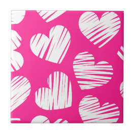 Modern Rosa och White Doodled Heart Valentines day Kakelplatta