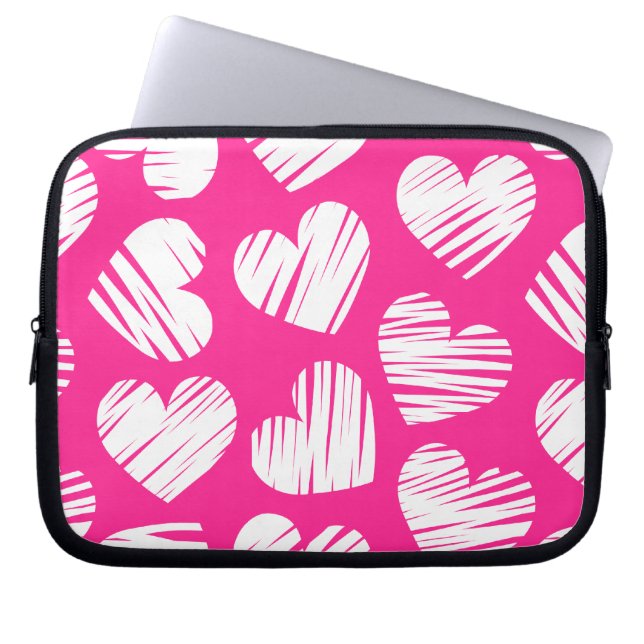 Modern Rosa och White Doodled Heart Valentines day Laptop Sleeve (Framsidan)