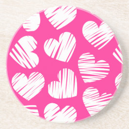 Modern Rosa och White Doodled Heart Valentines day Underlägg Sandsten
