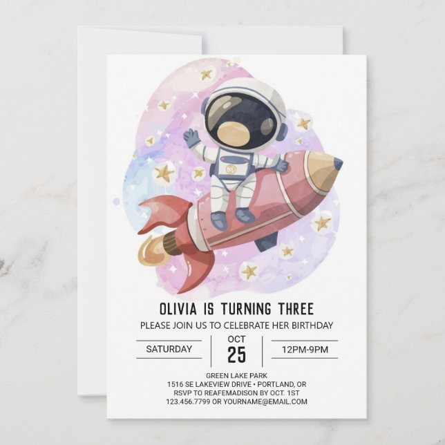 Modern Rosa Odyssey Astronaut Birthday Inbjudningar (Framsida)