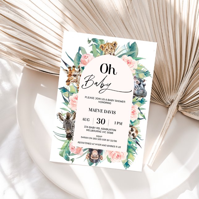Modern Rosa Oh Baby Arched Safari Baby Shower Inbjudningar (Girls Oh Baby Safari baby Shower Invitation Pink Floral Pink Arch Safari Animals Baby Shower Modern)