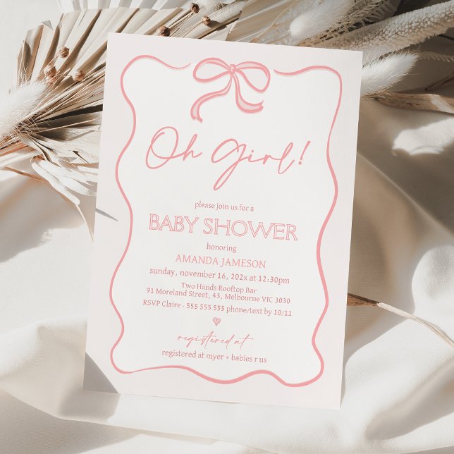 Modern Rosa Oh Girl Bow Baby Shower-inbjudan Inbjudningar (Whimsical Pink Bow baby Shower Invitation, Simple Bow Themed Baby Shower Invitation For Baby Girl.)