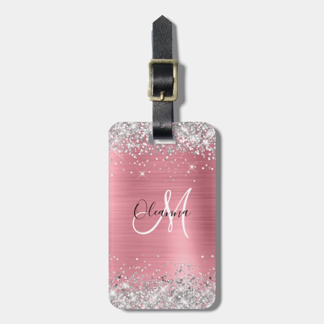 Modern Rosa Ombre Foil Silver Glitter Monogram Bagagebricka (Vertikal Framsida)