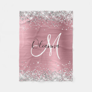 Modern Rosa Ombre Foil Silver Glitter Monogram Fleecefilt