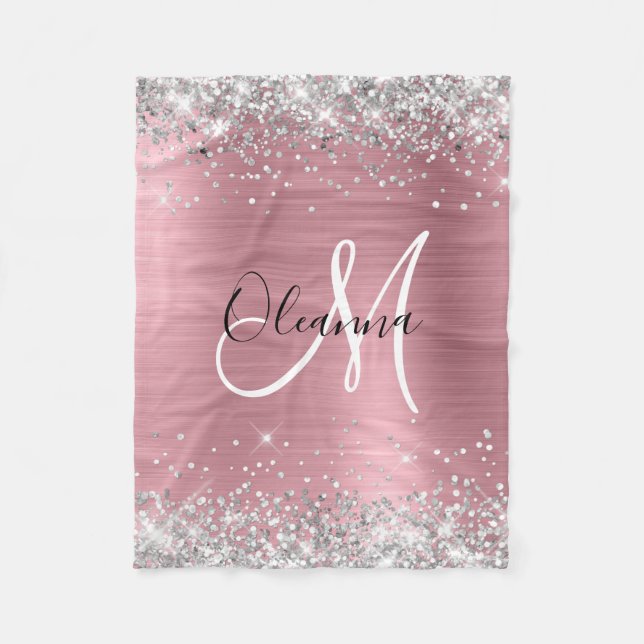 Modern Rosa Ombre Foil Silver Glitter Monogram Fleecefilt (Framsidan)