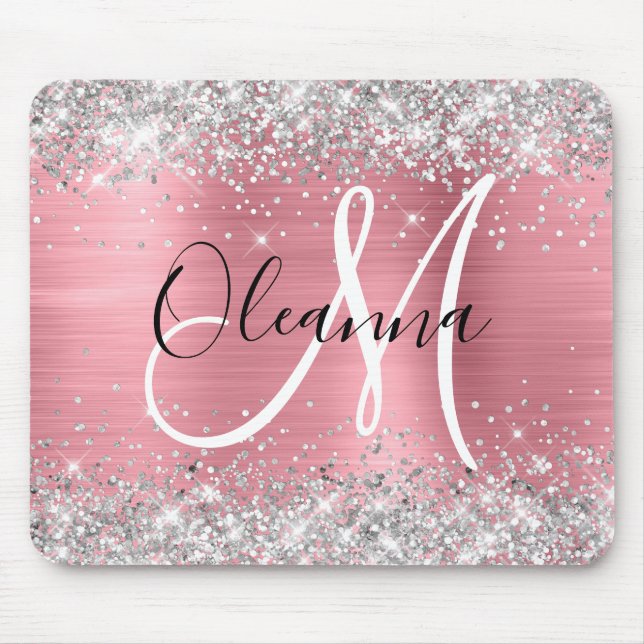 Modern Rosa Ombre Foil Silver Glitter Monogram Musmatta (Framsidan)