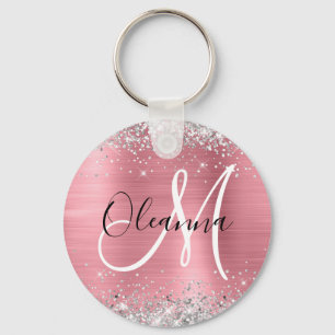 Modern Rosa Ombre Foil Silver Glitter Monogram Nyckelring