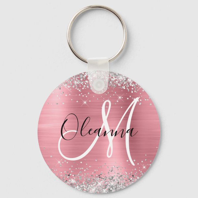 Modern Rosa Ombre Foil Silver Glitter Monogram Nyckelring (Framsida)