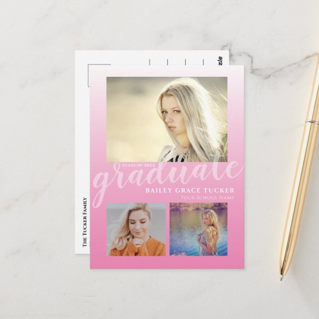 Modern Rosa Ombre Girly Student Studentfest Vykort (Fram/Back In Situ)