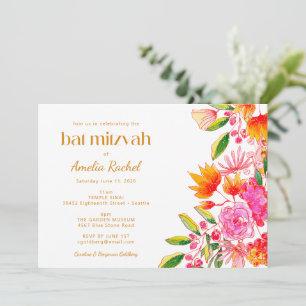 Modern Rosa Orange Akvarell Blommig Bat Mitzvah Inbjudningar