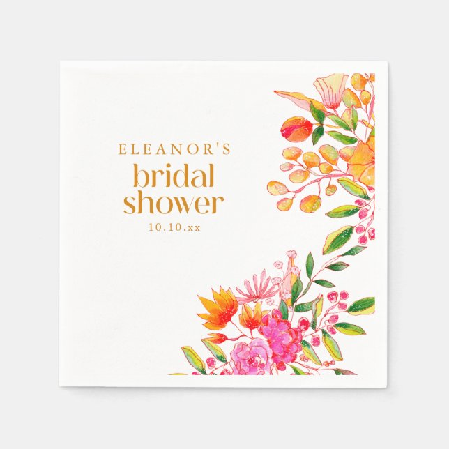 Modern Rosa Orange Akvarell Blommig Bröllopsdusch Pappersservett (Framsidan)