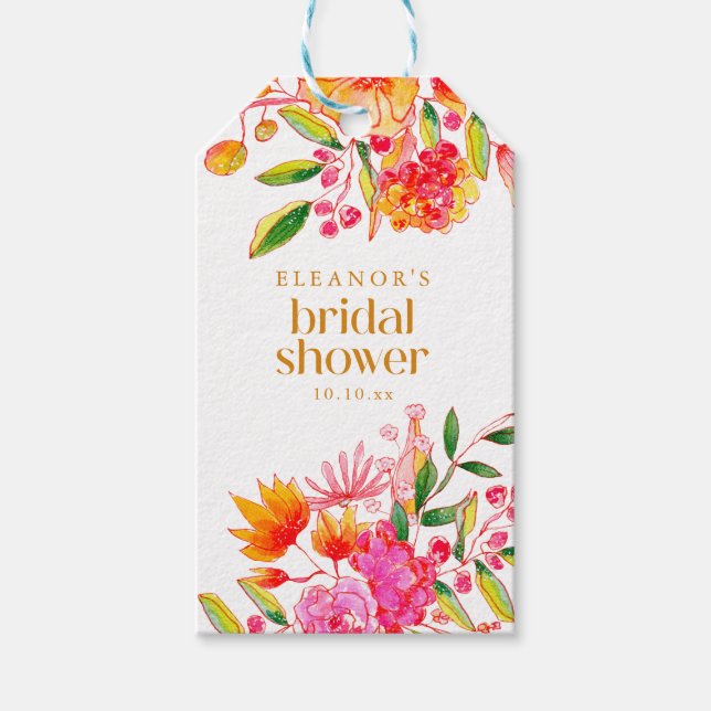 Modern Rosa Orange Akvarell Blommig Bröllopsdusch Presentetikett (Framsidan)