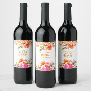 Modern Rosa Orange Akvarell Blommig Bröllopsfest Vinflaska Etikett