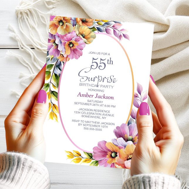 Modern Rosa Orange Blommigt Surprise 55:e födelsed Inbjudningar (Skapare uppladdad)