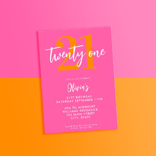 Modern Rosa Orange Elegant 21:a födelsedag Inbjudningar