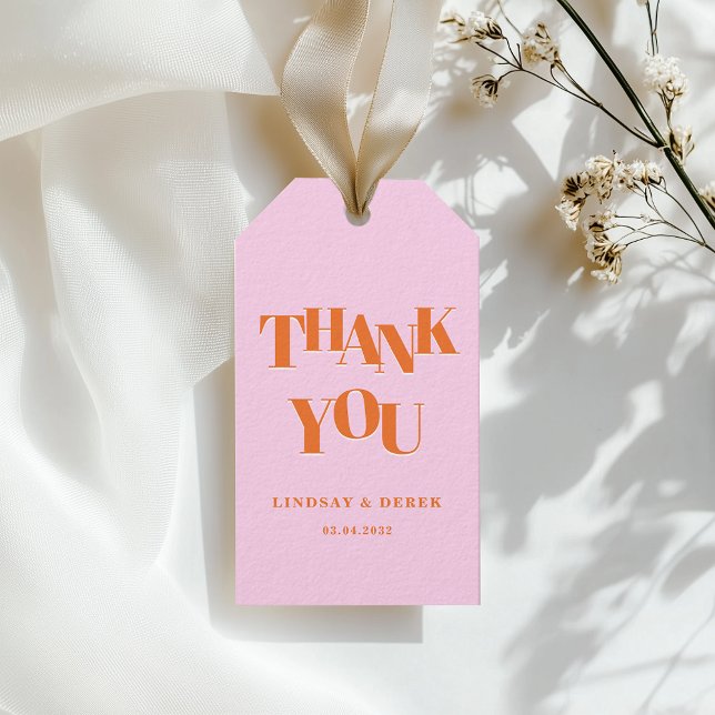 Modern Rosa Orange Fet Stil THANK YOU Bröllop  Presentetikett (Modern Pink Orange Bold Font THANK YOU Wedding Gift Tags)