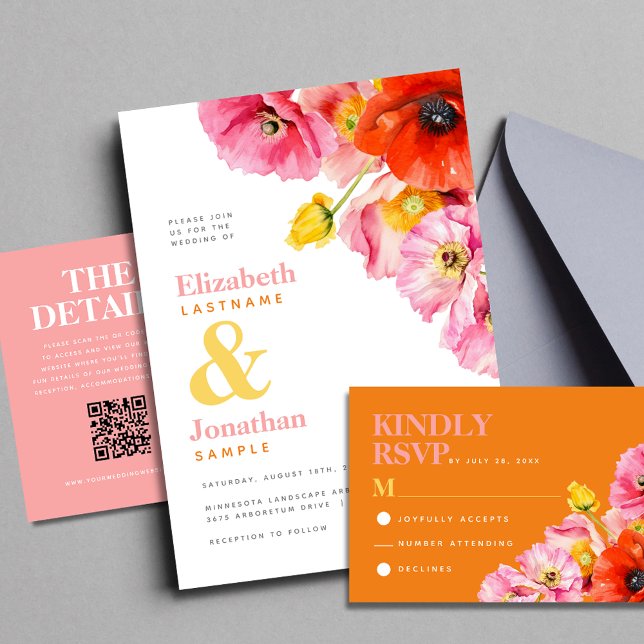 Modern Rosa Orange Gul Apelsin Poppies Bröllop Inbjudningar (Modern Peach Pink Orange Yellow Poppies Wedding Invitation.Celebrate your love story!)