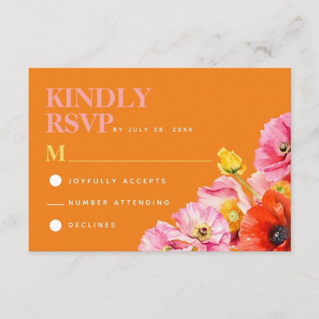 Modern Rosa Orange Gul Blommig Bröllops RSVP  Tilläggskort (Framsida)