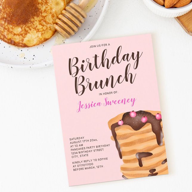 Modern rosa på pankakafödelsedag, brunch illustrat inbjudningar (Skapare uppladdad)