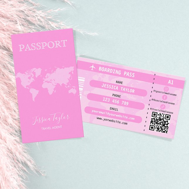 Modern Rosa Passport World Map Boarding Pass Visitkort (Skapare uppladdad)