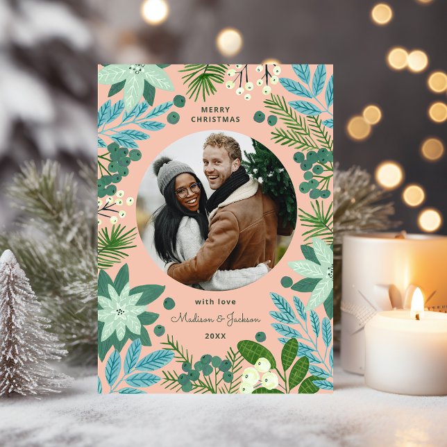 Modern Rosa Pastell Blommig God Jul Foto Julkort (Modern Pink Floral Merry Christmas Photo Holiday Card)