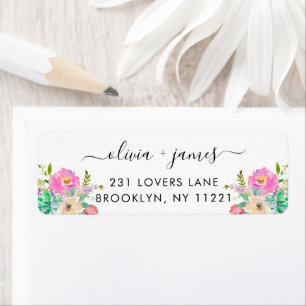 Modern Rosa Peach Greenery Blommigt Watercolor Returadress Etikett