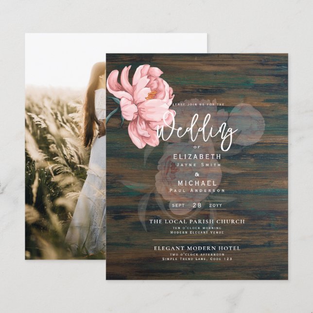 Modern  Rosa Peonies Blommigt Bröllopsinbjudan (Fram/baksida)