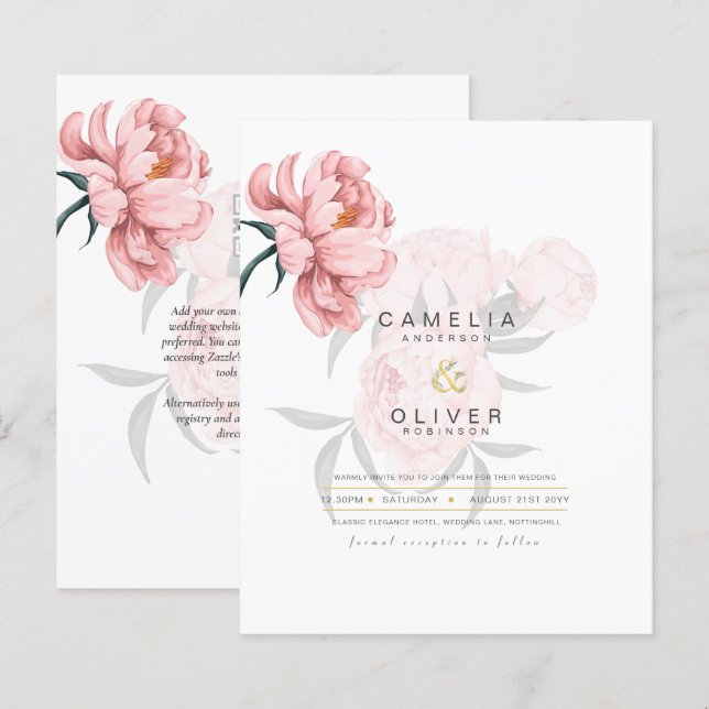 Modern  Rosa Peonies Blommigt Bröllopsinbjudan (Fram/baksida)