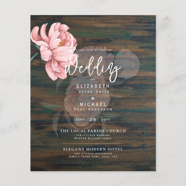 Modern  Rosa Peonies Blommigt Bröllopsinbjudan Flygblad (Framsidan)
