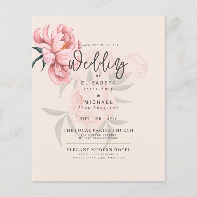 Modern  Rosa Peonies Blommigt Bröllopsinbjudan Flygblad (Framsidan)