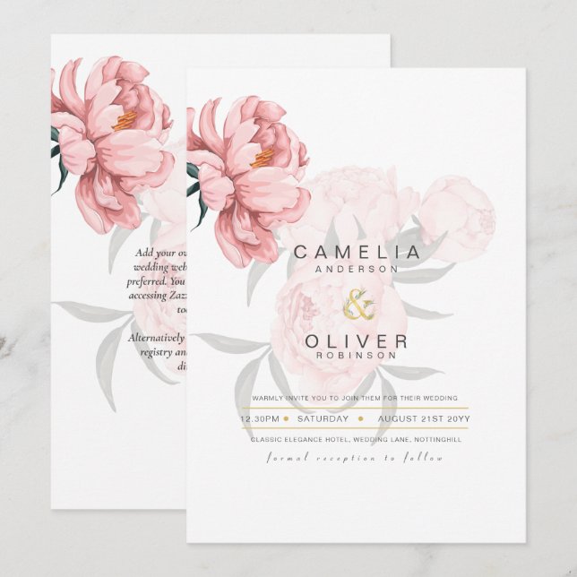 Modern  Rosa Peonies Blommigt Bröllopsinbjudan Inbjudningar (Fram/baksida)