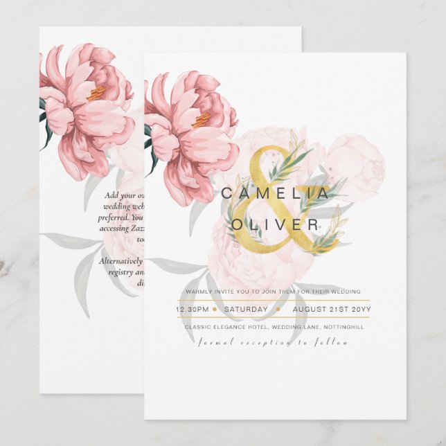 Modern  Rosa Peonies Blommigt Bröllopsinbjudan Inbjudningar (Fram/baksida)