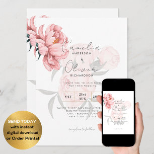Modern Rosa Peonies Blommigt Bröllopsinbjudan Inbjudningar