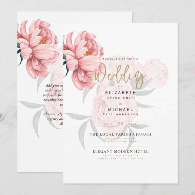 Modern  Rosa Peonies Blommigt Bröllopsinbjudan Inbjudningar (Fram/baksida)