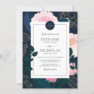 Modern Rosa Peonies Gold Foil Monogram II Bröllop Inbjudningar