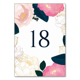 Modern Rosa Peonies Gold Foil Navy Blue Bröllop II Bordsnummer