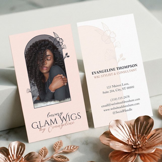 Modern Rosa Peruk Hår Salon Blommig Ros Ark Foto Visitkort (Modern Pink Wig Hair Salon Floral Rose Arch Photo Business Card)