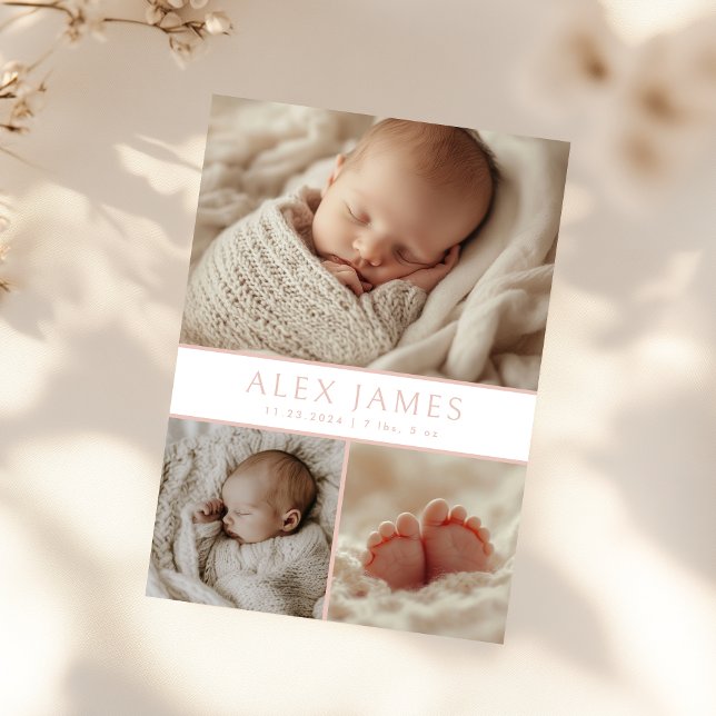 Modern  Rosa Photo Collage Baby Birth Meddelande (Skapare uppladdad)