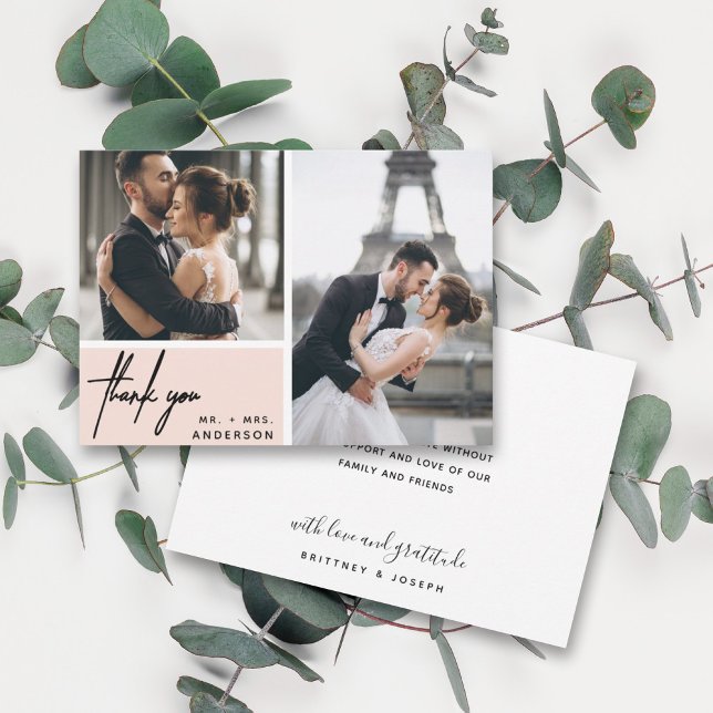 Modern  Rosa Photo Collage Bröllop Tack (Two photo hand lettered thank you wedding card with a minimalistic design perfect for any couple.)
