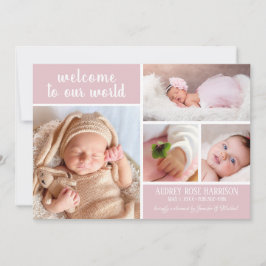 Modern Rosa Photo Collage Flicka Birth Meddelande