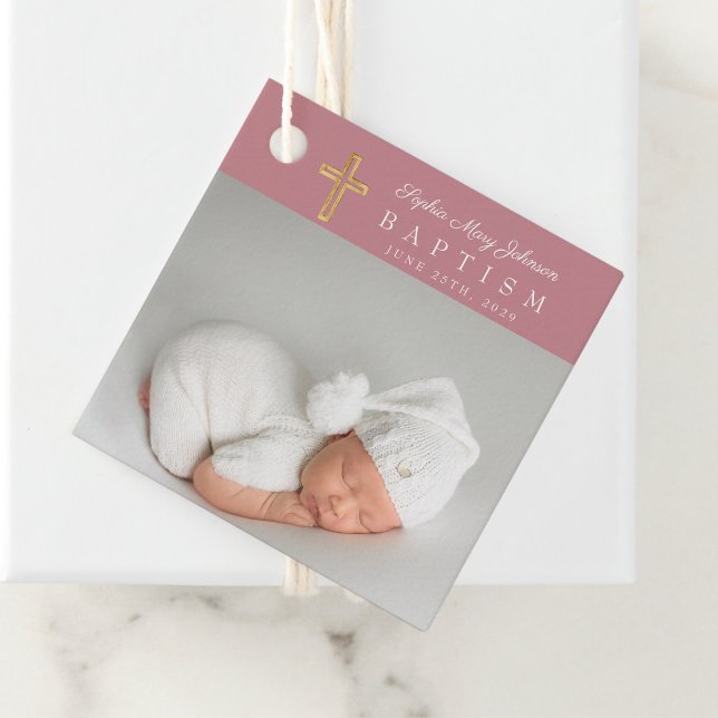 Modern Rosa Photo Girl Baptism Tack Gåvor Etiketter (Modern Pink Photo Girl Baptism Thank You Favor Tags)