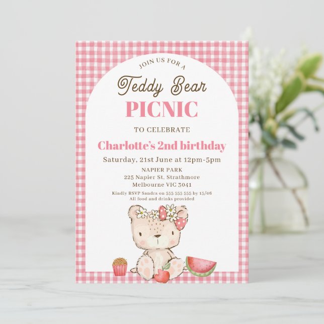 Modern Rosa Play Arch Nalle Picnic Birthday Inbjudningar (Stående Fram)