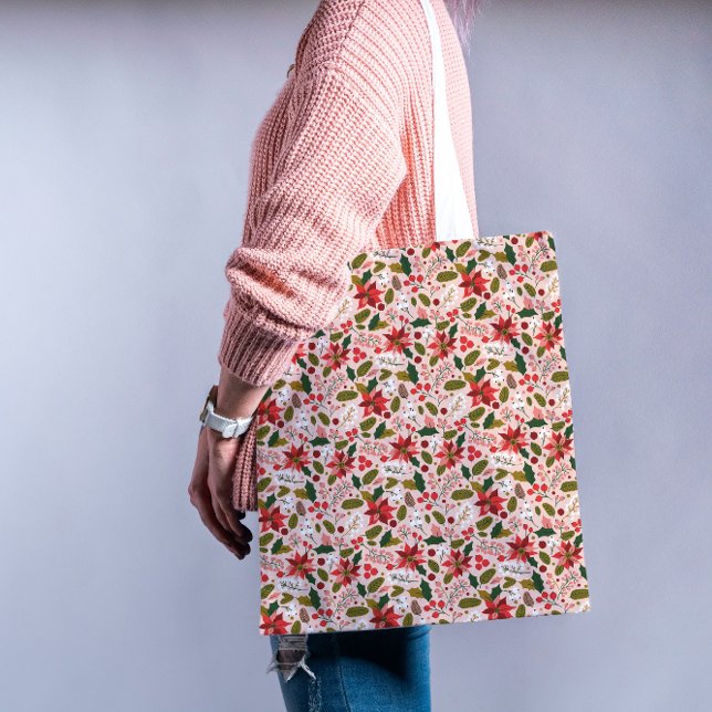 Modern Rosa Poinsettia Folk Botanical Mönster Tygkasse (Get ready for a stylish and merry holiday season—our festive totes are filled with cheer! 🎁)