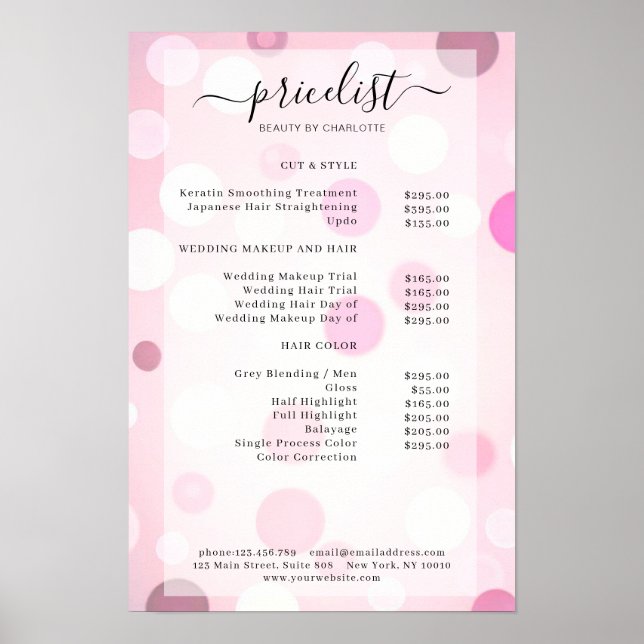 Modern rosa prickmönster salong prislista poster (Framsidan)