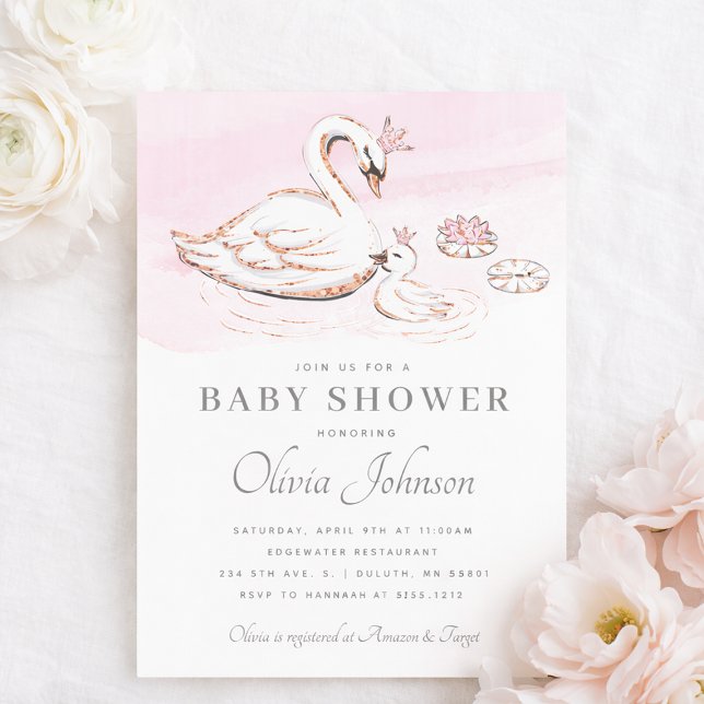 Modern Rosa Prinsessa Svan Baby Shower Inbjudan (Modern Pink Princess Swan Baby Shower Invitation)