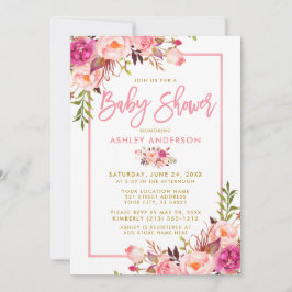 Modern Rosa Push Script Blommigt Guld Baby Shower Inbjudningar
