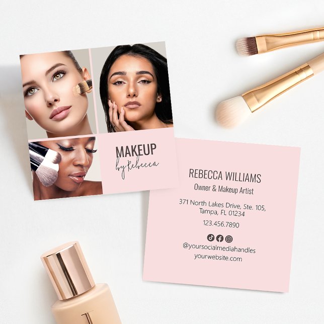 Modern Rosa QR-kod 3 Foto Makeup Fyrkantigt Visitkort (Blush pink modern square business card with 3 photos and details to the reverse)