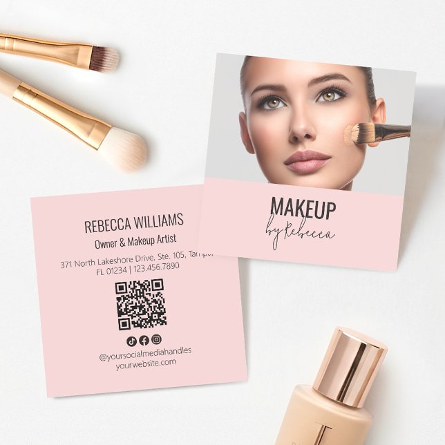 Modern Rosa QR-kod Foto Makeup Fyrkantigt Visitkort (Blush pink makeup artist business card with photo and QR code)