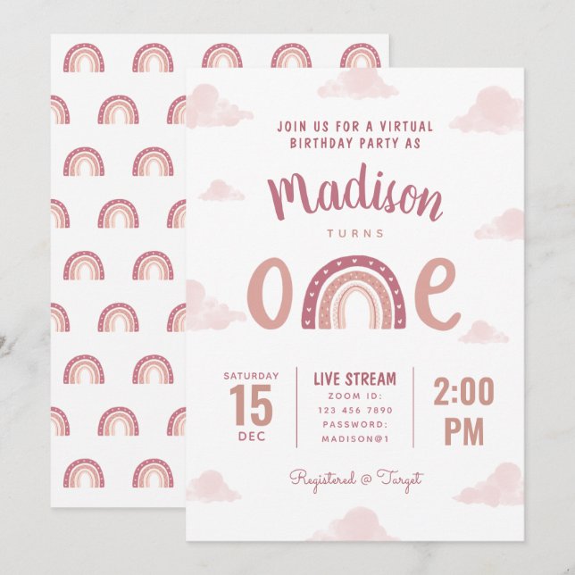 Modern Rosa Rainbow Clouds Virtuella första födels Inbjudningar (Fram/baksida)